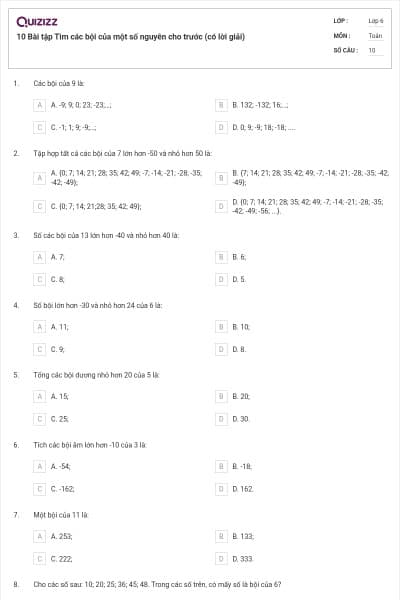 10 Bài tập Tìm các bội của một số nguyên cho trước (có lời giải)