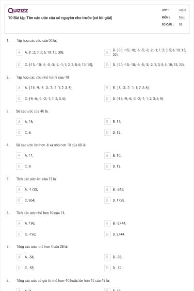 10 Bài tập Tìm các ước của số nguyên cho trước (có lời giải)