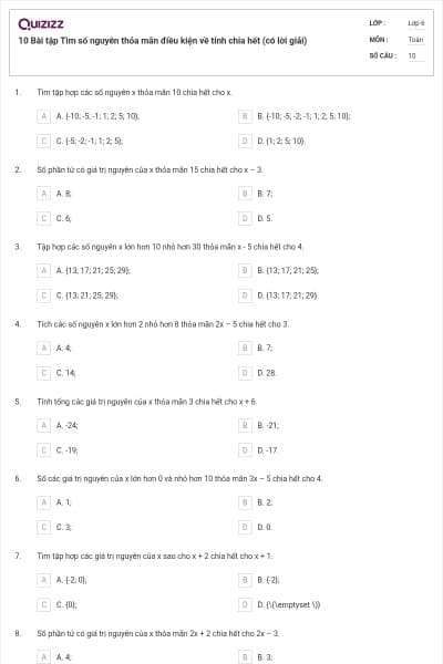 10 Bài tập Tìm số nguyên thỏa mãn điều kiện về tính chia hết (có lời giải)