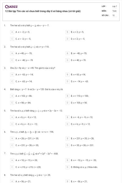 12 Bài tập Tìm các số chưa biết trong dãy tỉ số bằng nhau (có lời giải)