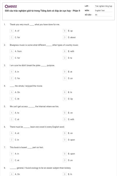 500 câu trắc nghiệm giới từ trong Tiếng Anh có đáp án cực hay - Phần 9