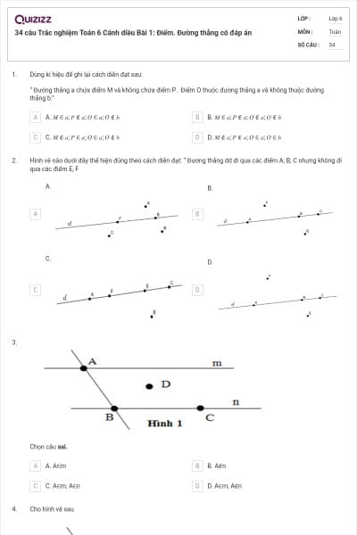 34 câu Trắc nghiệm Toán 6 Cánh diều Bài 1: Điểm. Đường thẳng có đáp án
