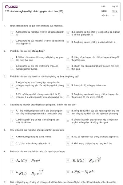 125 câu trắc nghiệm Hạt nhân nguyên tử cơ bản (P5)