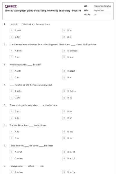 500 câu trắc nghiệm giới từ trong Tiếng Anh có đáp án cực hay - Phần 10