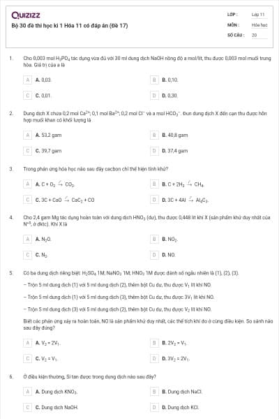Bộ 30 đề thi học kì 1 Hóa 11 có đáp án (Đề 17)