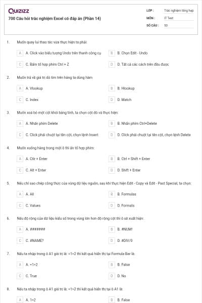 700 Câu hỏi trắc nghiệm Excel có đáp án (Phần 14)