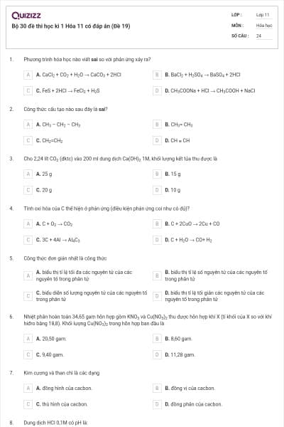 Bộ 30 đề thi học kì 1 Hóa 11 có đáp án (Đề 19)