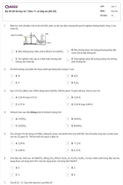 Bộ 30 đề thi học kì 1 Hóa 11 có đáp án (Đề 20)