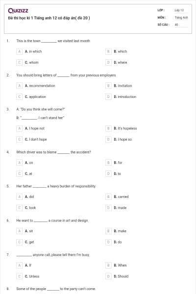 Đề thi học kì 1 Tiếng anh 12 có đáp án( đề 20 )