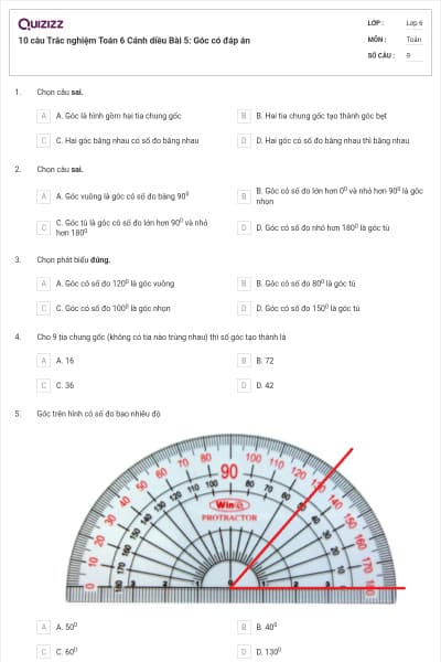 10 câu Trắc nghiệm Toán 6 Cánh diều Bài 5: Góc có đáp án