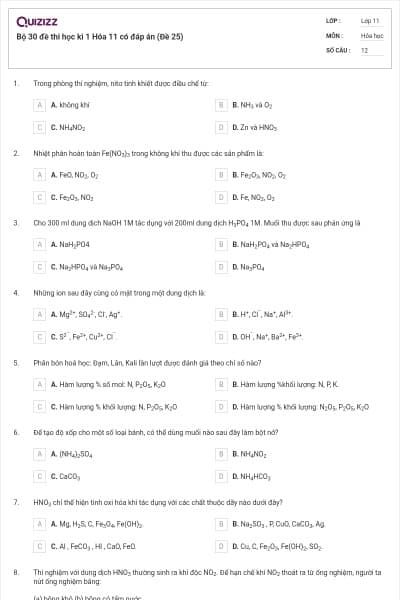 Bộ 30 đề thi học kì 1 Hóa 11 có đáp án (Đề 25)