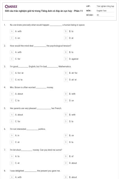 500 câu trắc nghiệm giới từ trong Tiếng Anh có đáp án cực hay - Phần 11