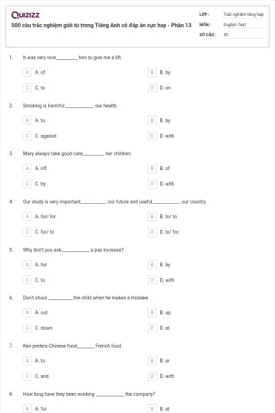 500 câu trắc nghiệm giới từ trong Tiếng Anh có đáp án cực hay - Phần 13