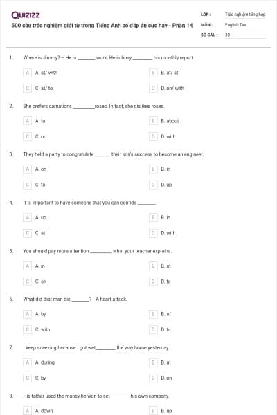 500 câu trắc nghiệm giới từ trong Tiếng Anh có đáp án cực hay - Phần 14