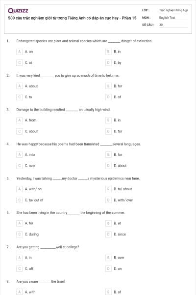 500 câu trắc nghiệm giới từ trong Tiếng Anh có đáp án cực hay - Phần 15