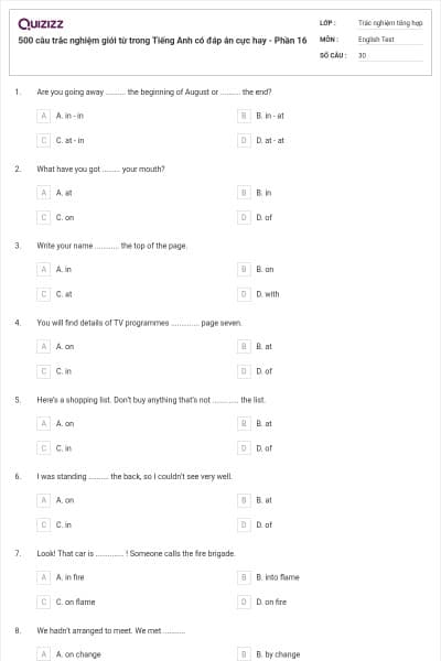 500 câu trắc nghiệm giới từ trong Tiếng Anh có đáp án cực hay - Phần 16