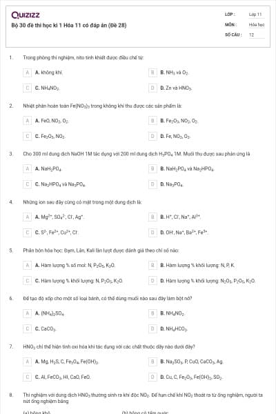 Bộ 30 đề thi học kì 1 Hóa 11 có đáp án (Đề 28)