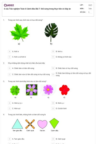 6 câu Trắc nghiệm Toán 6 Cánh diều Bài 7: Đối xứng trong thực tiễn có đáp án
