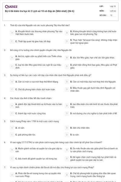 Bộ 6 Đề kiểm tra học kì 2 Lịch sử 10 có đáp án (Mới nhất) (Đề 6)