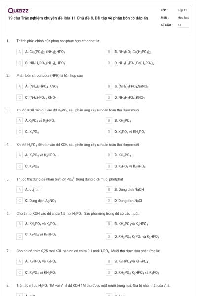 19 câu Trắc nghiệm chuyên đề Hóa 11 Chủ đề 8. Bài tập về phân bón có đáp án