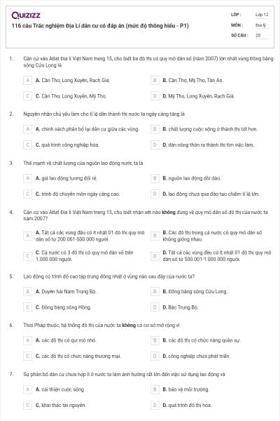116 câu  Trắc nghiệm Địa Lí dân cư có đáp án (mức độ thông hiểu - P1)