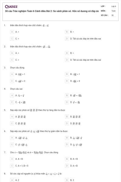 30 câu Trắc nghiệm Toán 6 Cánh diều Bài 2: So sánh phân số. Hỗn số dương có đáp án
