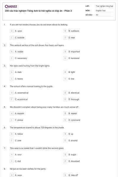 200 câu trắc nghiệm Tiếng Anh từ trái nghĩa có đáp án - Phần 3