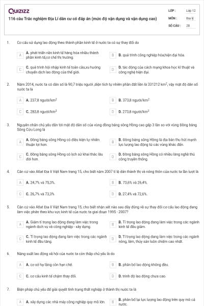 116 câu  Trắc nghiệm Địa Lí dân cư có đáp án (mức độ vận dụng và vận dụng cao)