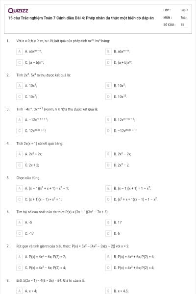 15 câu Trắc nghiệm Toán 7 Cánh diều Bài 4: Phép nhân đa thức một biến có đáp án
