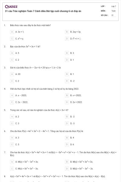 31 câu Trắc nghiệm Toán 7 Cánh diều Bài tập cuối chương 6 có đáp án