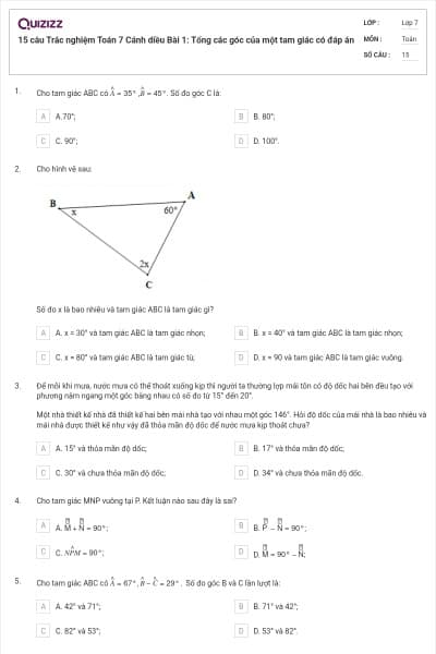15 câu Trắc nghiệm Toán 7 Cánh diều Bài 1: Tổng các góc của một tam giác có đáp án