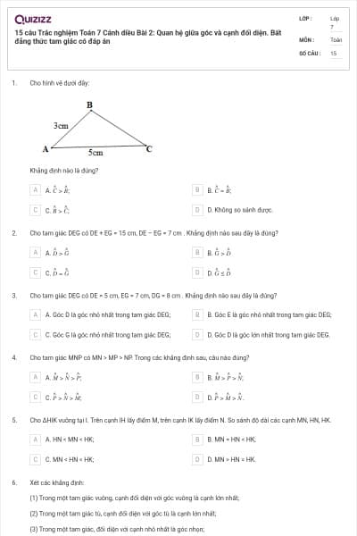 15 câu Trắc nghiệm Toán 7 Cánh diều Bài 2: Quan hệ giữa góc và cạnh đối diện. Bất đẳng thức tam giác có đáp án