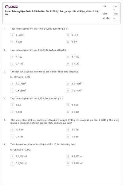 8 câu Trắc nghiệm Toán 6 Cánh diều Bài 7: Phép nhân, phép chia số thập phân có đáp án