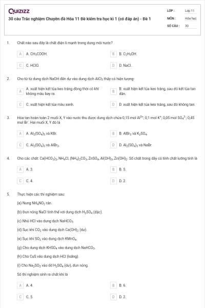30 câu Trắc nghiệm Chuyên đề Hóa 11 Đề kiểm tra học kì 1 (có đáp án) - Đề 1