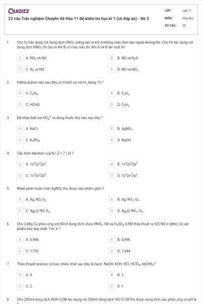 22 câu Trắc nghiệm Chuyên đề Hóa 11 Đề kiểm tra học kì 1 (có đáp án) - Đề 3