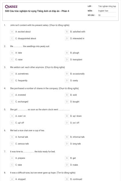 500 Câu trắc nghiệm từ vựng Tiếng Anh có đáp án - Phần 4
