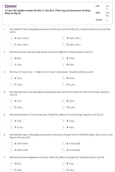 14 câu Trắc nghiệm chuyên đề Hóa 11 Chủ đề 6. Phản ứng oxi hóa benzen và đồng đẳng có đáp án