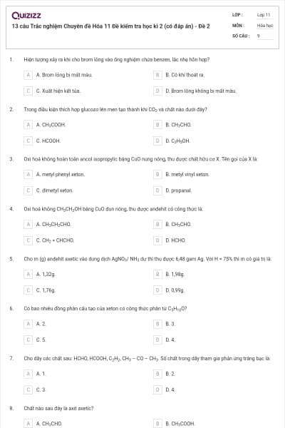 13 câu Trắc nghiệm Chuyên đề Hóa 11 Đề kiểm tra học kì 2 (có đáp án) - Đề 2