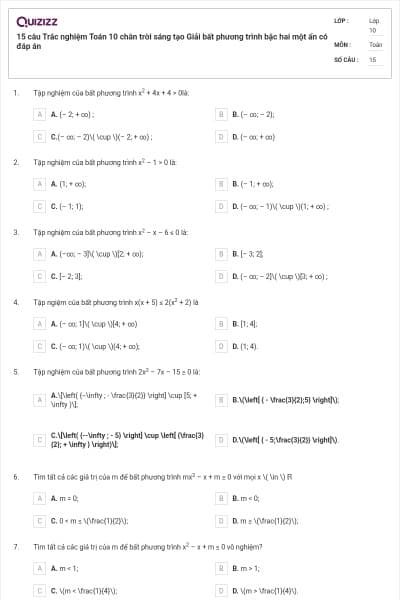 15 câu Trắc nghiệm Toán 10 chân trời sáng tạo Giải bất phương trình bậc hai một ẩn có đáp án