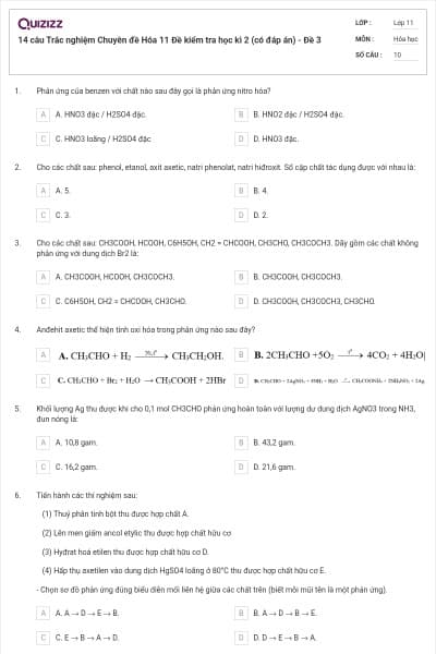 14 câu Trắc nghiệm Chuyên đề Hóa 11 Đề kiểm tra học kì 2 (có đáp án) - Đề 3