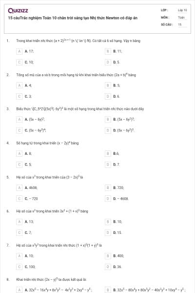 15 câuTrắc nghiệm Toán 10 chân trời sáng tạo Nhị thức Newton có đáp án