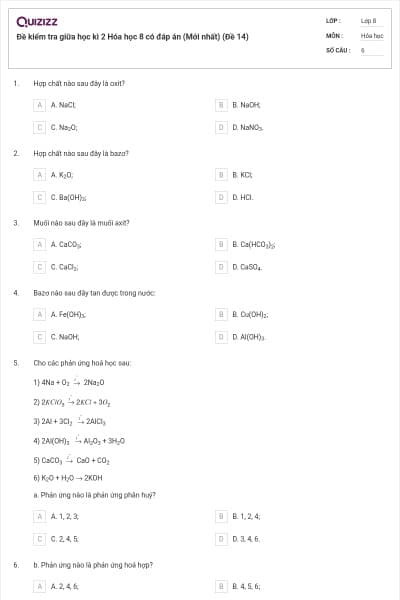 Đề kiểm tra giữa học kì 2 Hóa học 8 có đáp án (Mới nhất) (Đề 14)