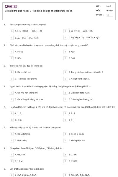 Đề kiểm tra giữa học kì 2 Hóa học 8 có đáp án (Mới nhất) (Đề 15)
