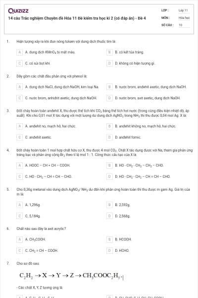 14 câu Trắc nghiệm Chuyên đề Hóa 11 Đề kiểm tra học kì 2 (có đáp án) - Đề 4