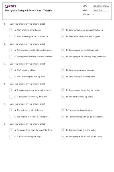 Trắc nghiệm Tiếng Anh Toeic - Part 1 Test (Đề 1)