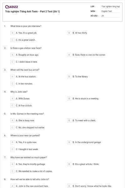 Trắc nghiệm Tiếng Anh Toeic - Part 2 Test (Đề 1)