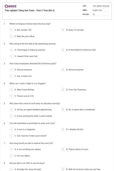 Trắc nghiệm Tiếng Anh Toeic - Part 2 Test (Đề 3)