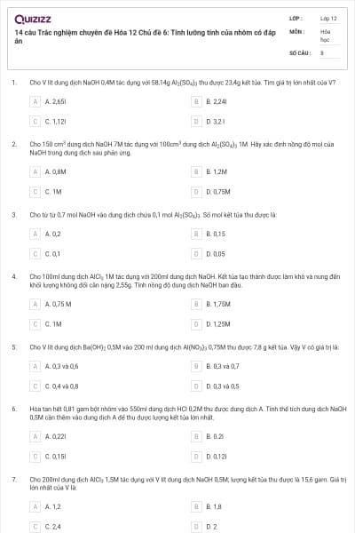 14 câu Trắc nghiệm chuyên đề Hóa 12 Chủ đề 6: Tính lưỡng tính của nhôm có đáp án