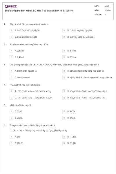 Bộ đề kiểm tra định kì học kì 2 Hóa 9 có đáp án (Mới nhất) (Đề 16)