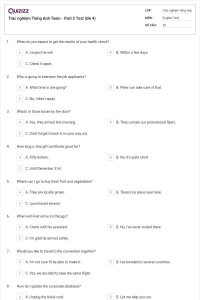 Trắc nghiệm Tiếng Anh Toeic - Part 2 Test (Đề 4)